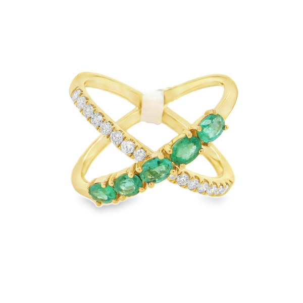 Crossed Diamond Yellow Gold and Emerald Ring