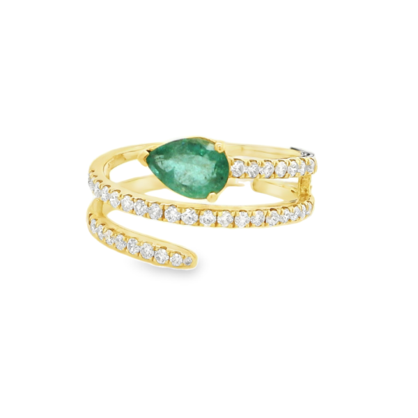 Snaked Shaped Yellow Gold Diamond and Emerald Ring